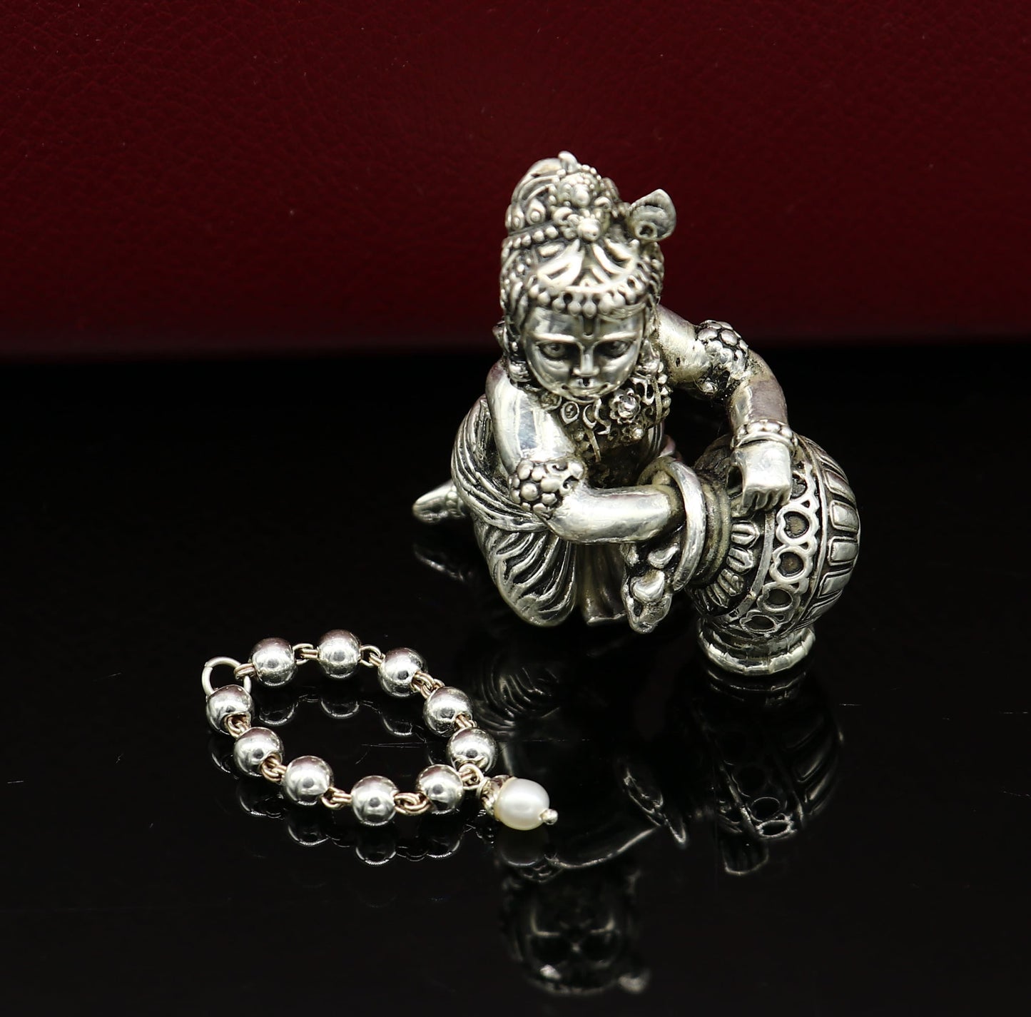 2" inches long handmade sterling silver beaded bracelet or necklace for baby krishna figurine or sculpture, best puja necklace sbr224 - TRIBAL ORNAMENTS