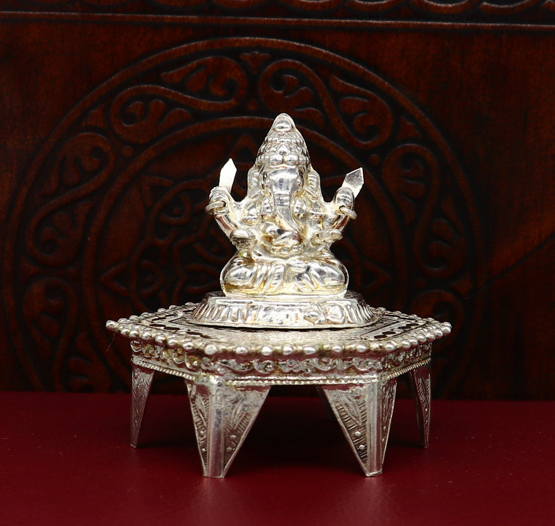Lord Ganesha With Stand or Bazot, fabulous Sterling silver ganesha statue figurine for home temple diwali puja article utensils su375 - TRIBAL ORNAMENTS
