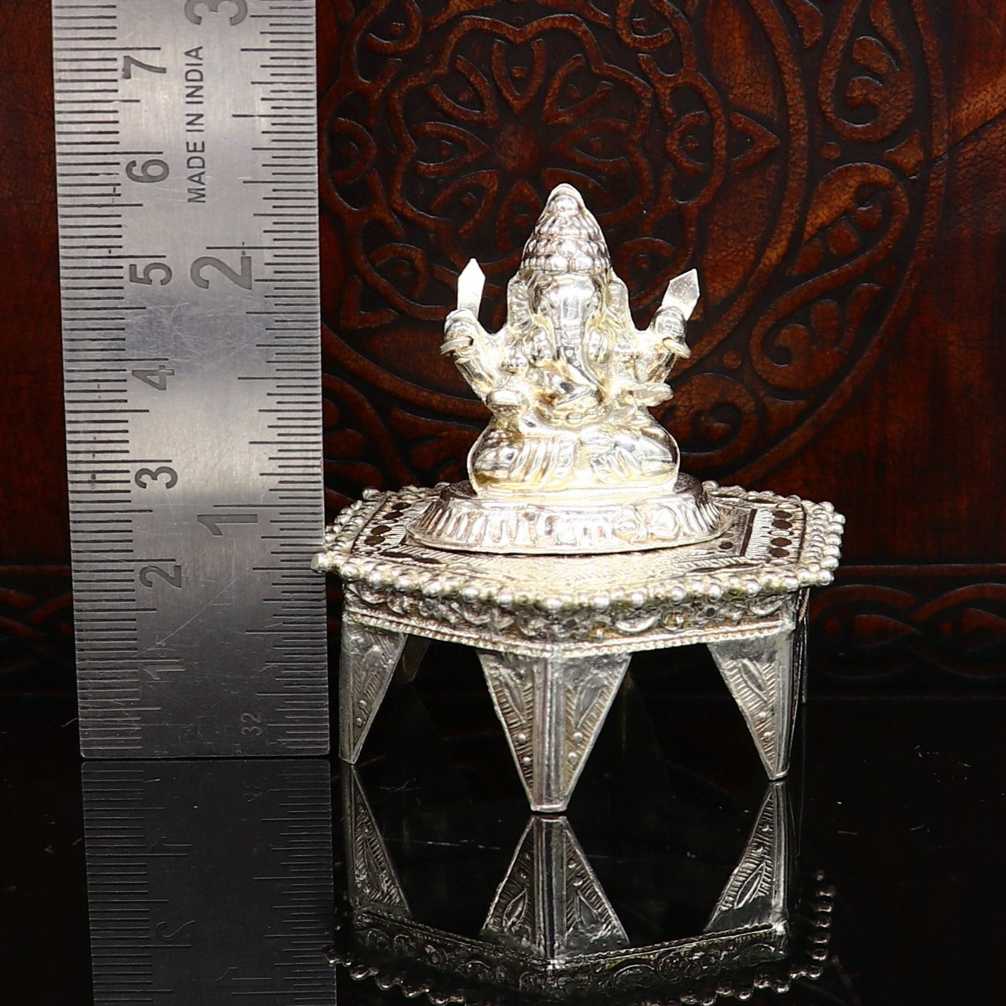 Lord Ganesha With Stand or Bazot, fabulous Sterling silver ganesha statue figurine for home temple diwali puja article utensils su375 - TRIBAL ORNAMENTS