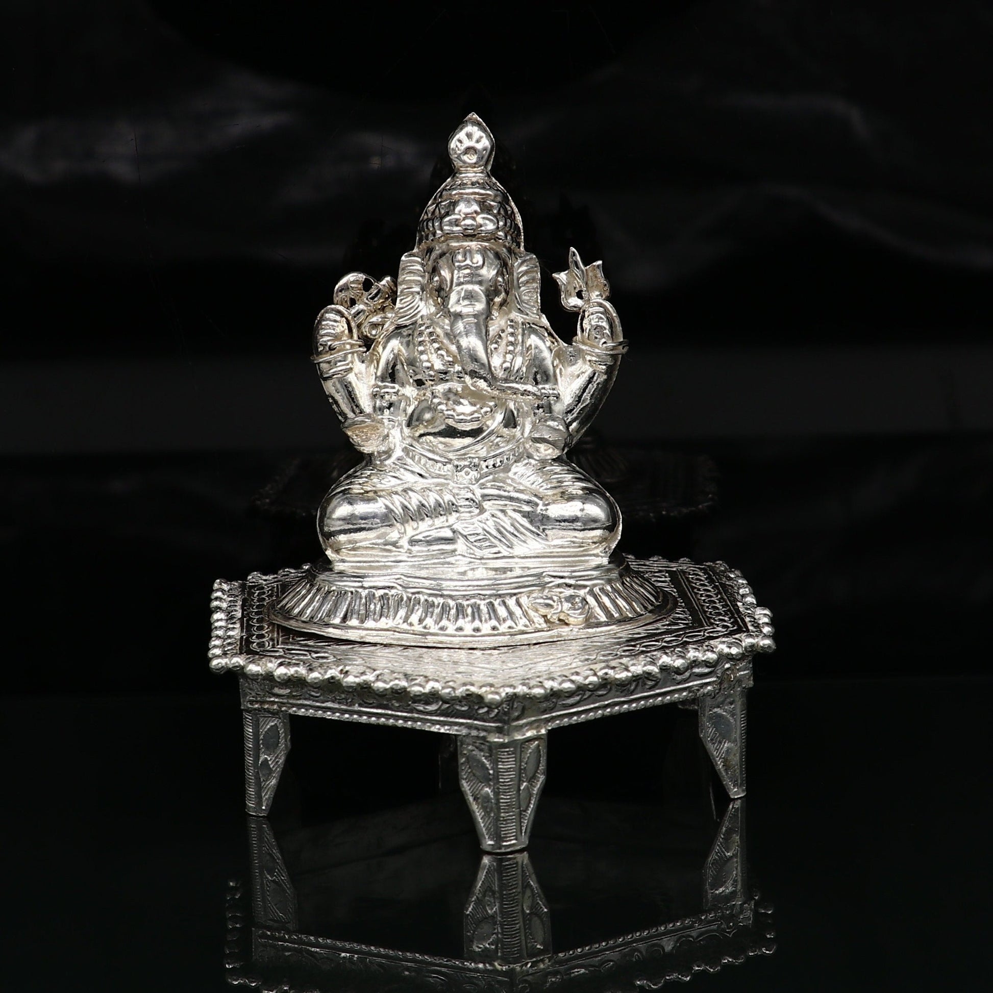 Lord Ganesha With Stand or Bazot, fabulous Sterling silver ganesha statue figurine for home temple diwali puja article utensils su376 - TRIBAL ORNAMENTS