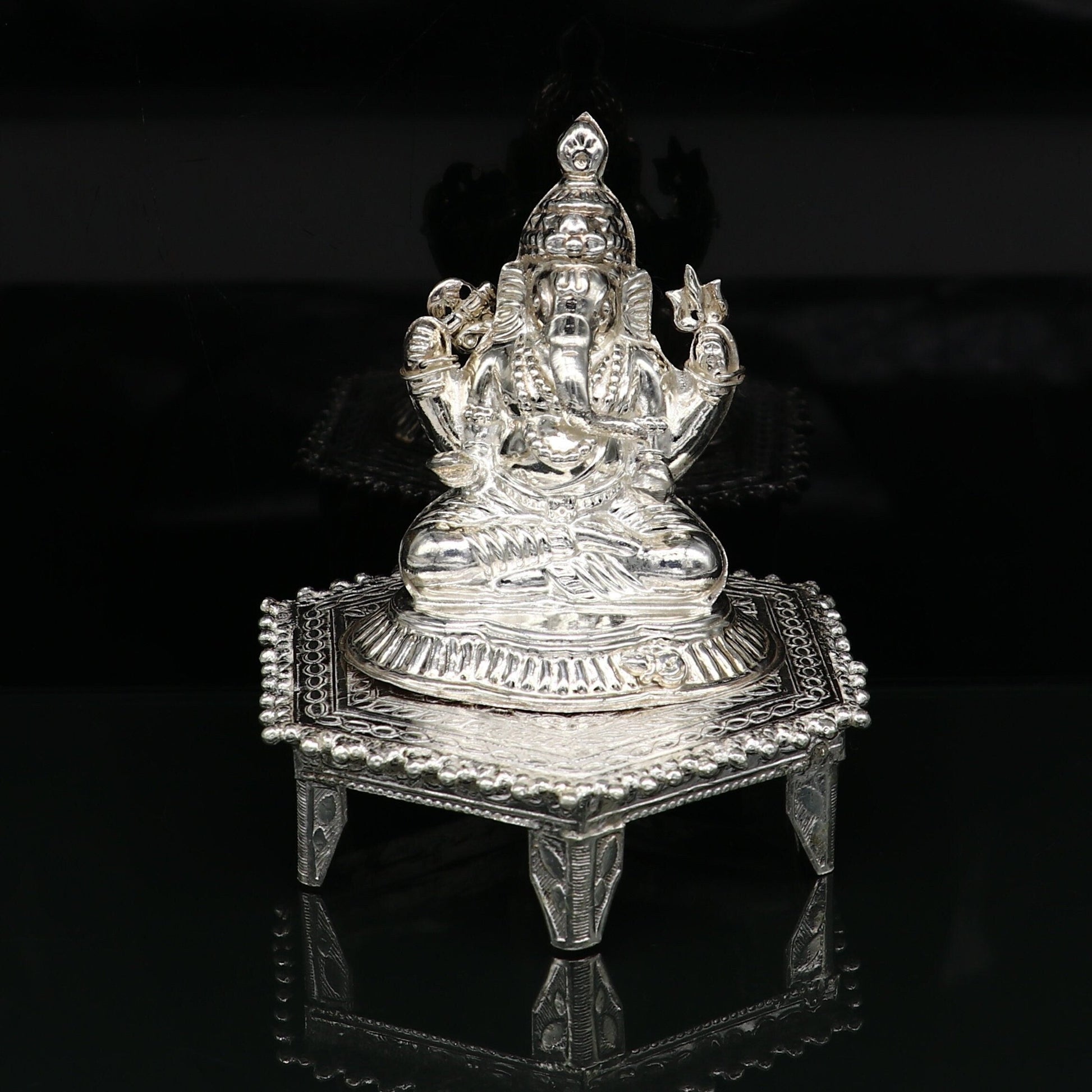 Lord Ganesha With Stand or Bazot, fabulous Sterling silver ganesha statue figurine for home temple diwali puja article utensils su376 - TRIBAL ORNAMENTS