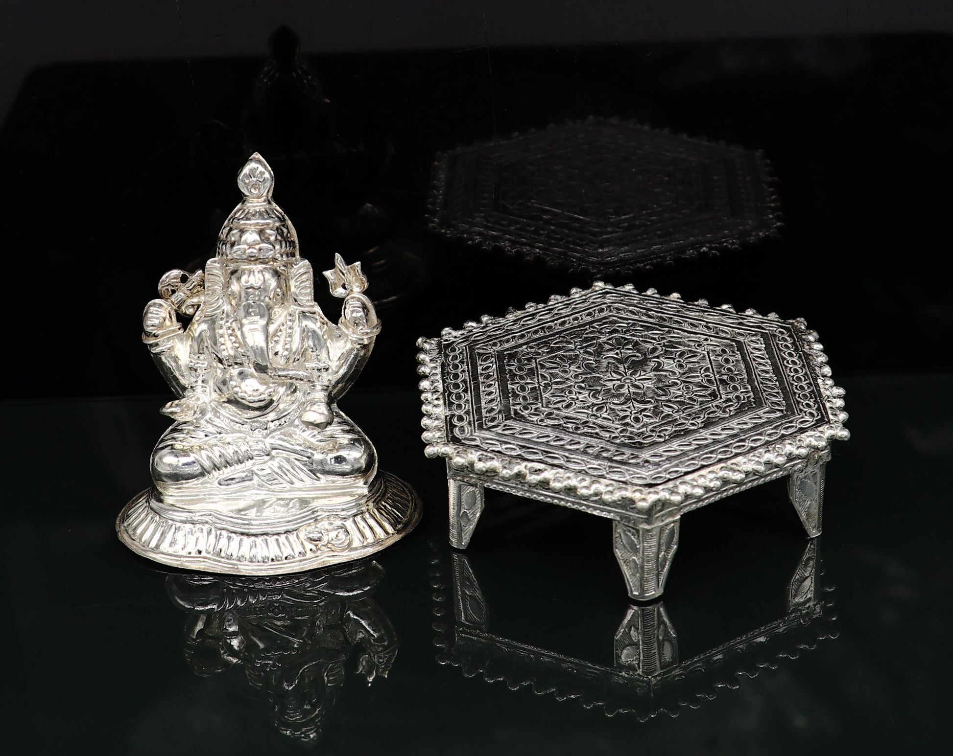 Lord Ganesha With Stand or Bazot, fabulous Sterling silver ganesha statue figurine for home temple diwali puja article utensils su376 - TRIBAL ORNAMENTS