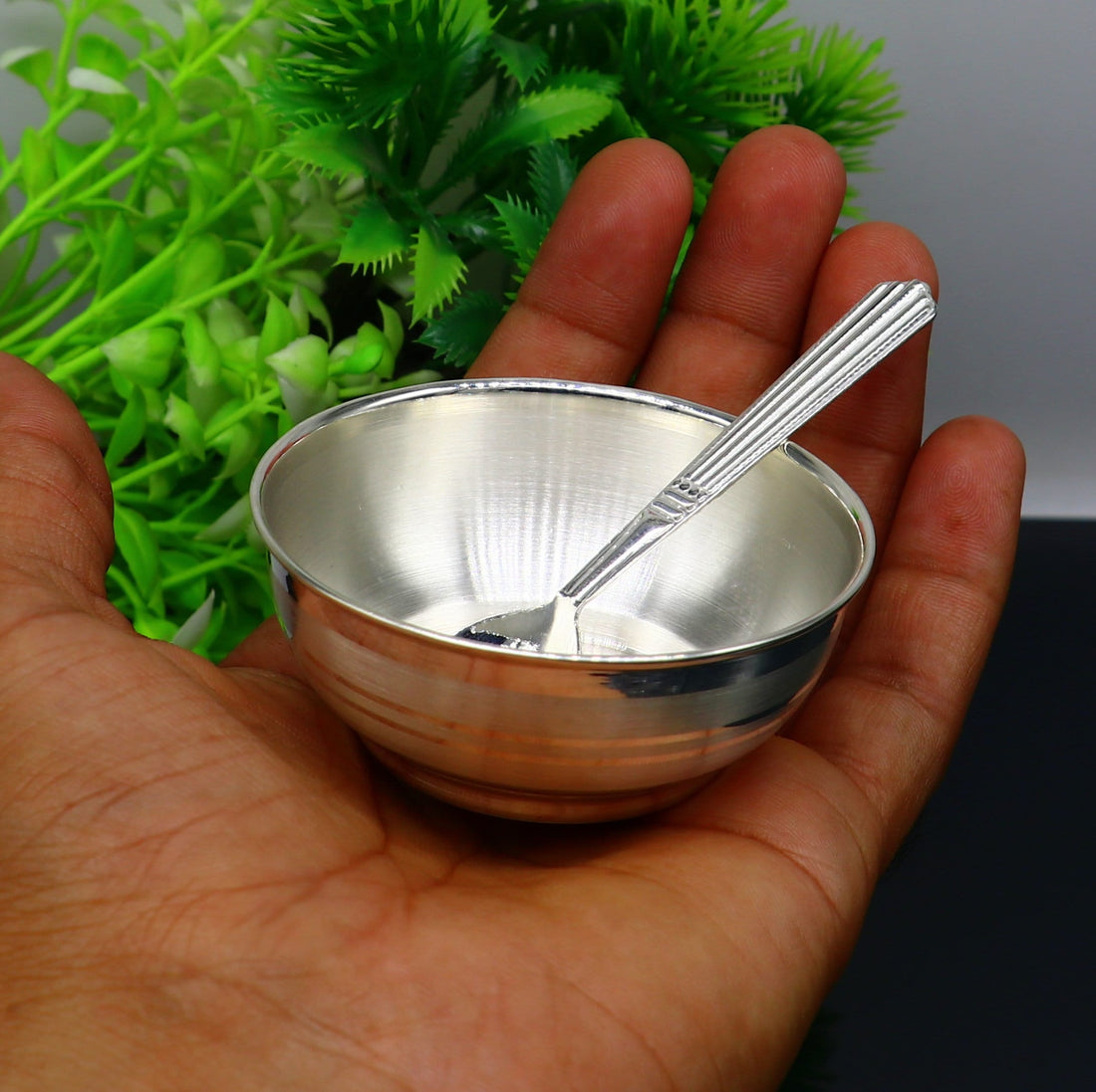 999 pure sterling silver handmade solid silver bowl & spoon, healthy serving bowl, silver vessel, baby serving food utensils baby set sv190 - TRIBAL ORNAMENTS