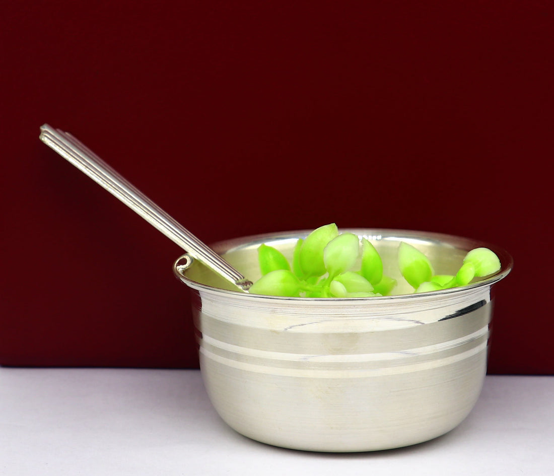 999 pure sterling silver handmade solid silver bowl & spoon, healthy serving bowl, silver vessel, baby serving food utensils baby set sv192 - TRIBAL ORNAMENTS