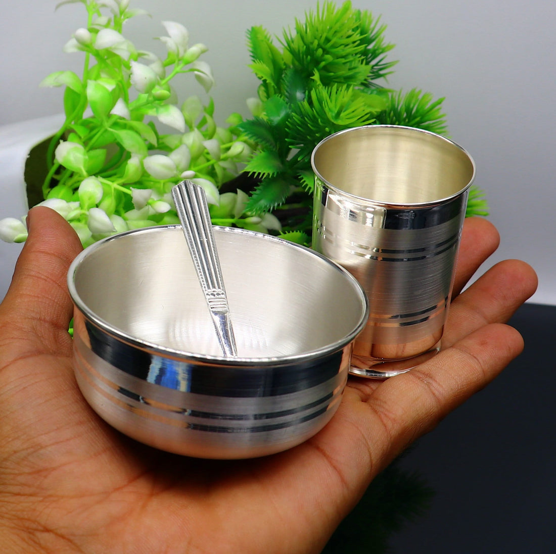 999 fine silver water milk glass and bowl, silver tumbler silver spoon, silver utensils, silver baby food utensils, silver article sv198 - TRIBAL ORNAMENTS