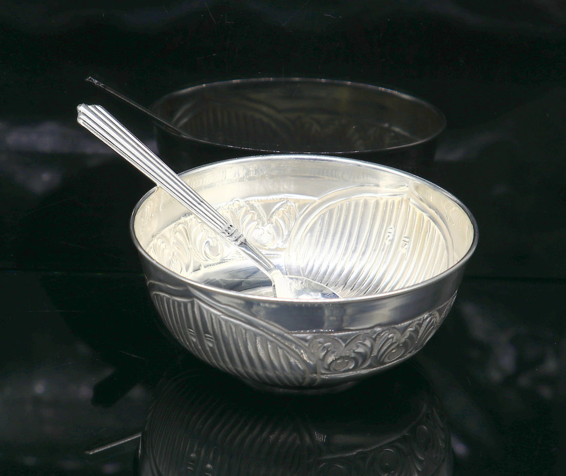 999 fine silver exclusive handcrafted work baby bowl and spoon set, puja utensils, silver article, silver utensils, silver vessel baby sv210 - TRIBAL ORNAMENTS