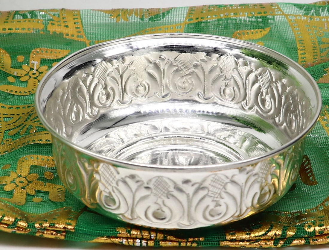 999 fine silver handmade kandrai nakshi work bowl, silver puja vessel, silver worshipping/puja utensils prasad bowl baby bowl sv215 - TRIBAL ORNAMENTS