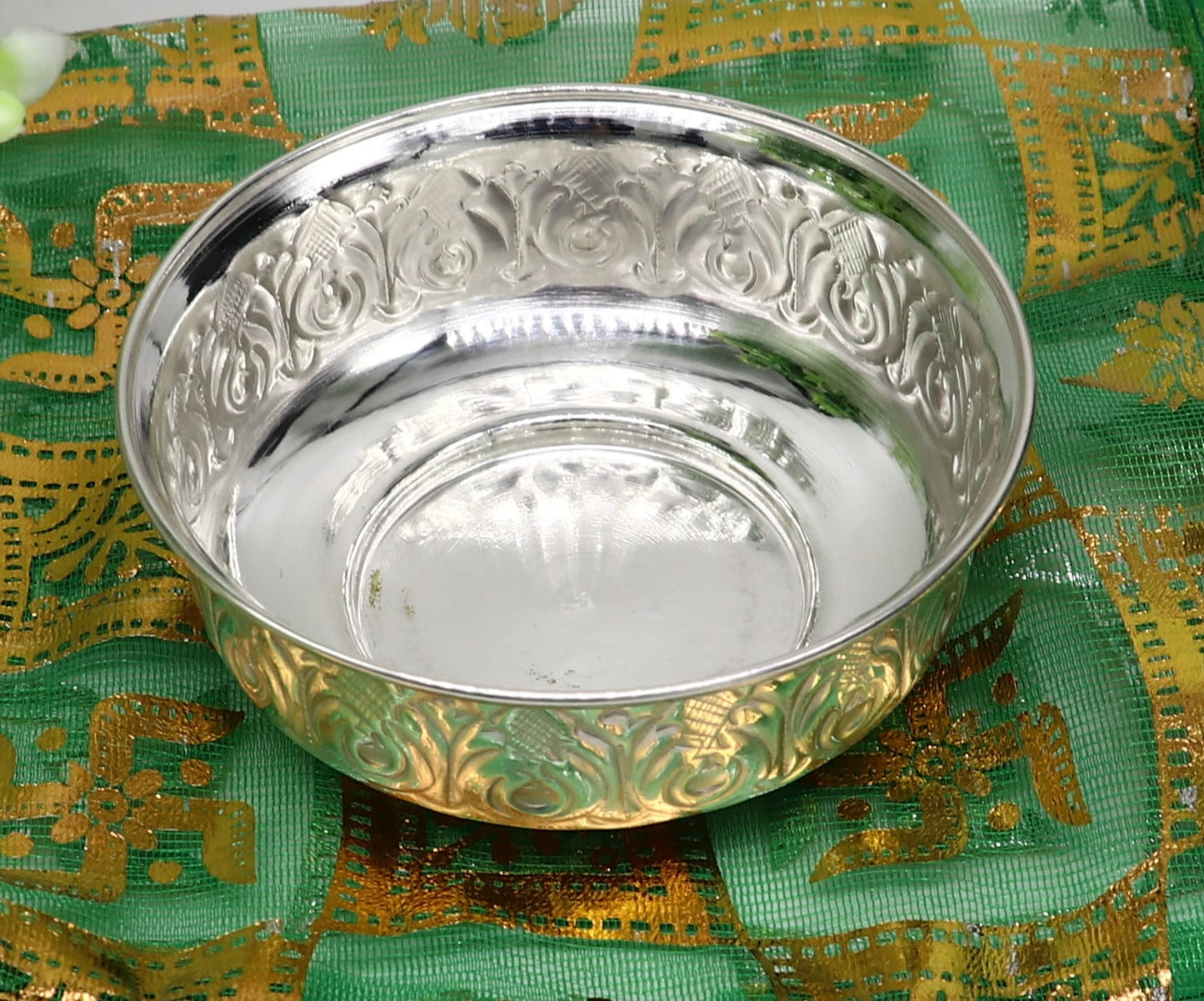 999 fine silver handmade kandrai nakshi work bowl, silver puja vessel, silver worshipping/puja utensils prasad bowl baby bowl sv215 - TRIBAL ORNAMENTS