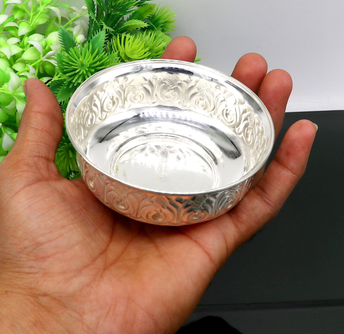 999 fine silver handmade kandrai nakshi work bowl, silver puja vessel, silver worshipping/puja utensils prasad bowl baby bowl sv215 - TRIBAL ORNAMENTS