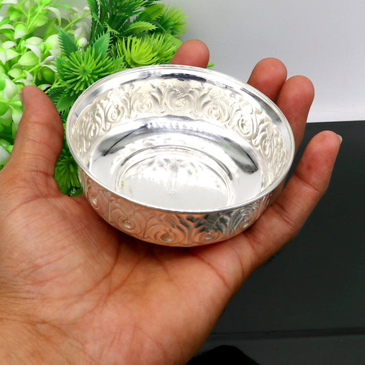 999 fine silver handmade kandrai nakshi work bowl, silver puja vessel, silver worshipping/puja utensils prasad bowl baby bowl sv215 - TRIBAL ORNAMENTS