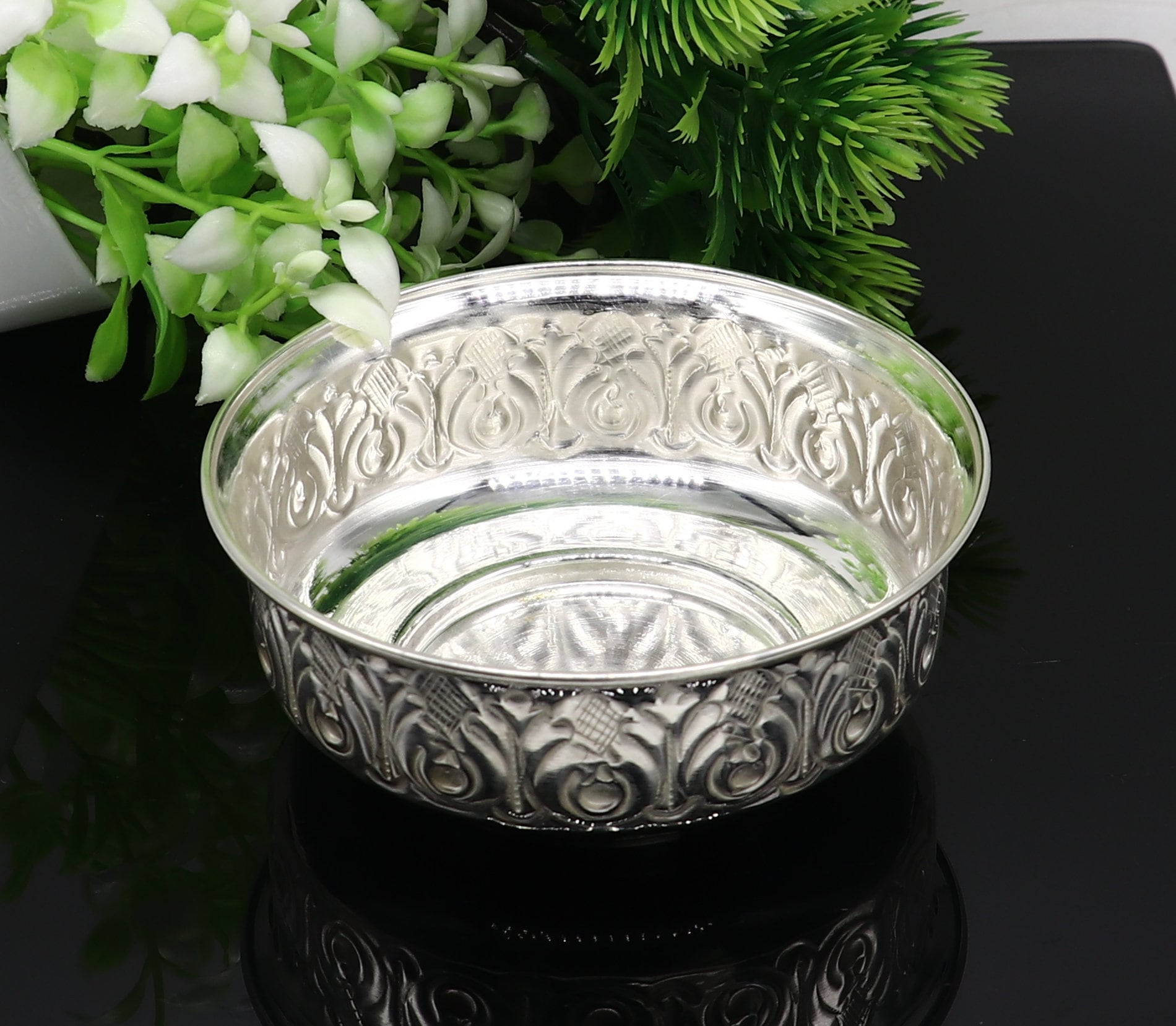 999 fine silver handmade kandrai nakshi work bowl, silver puja vessel, silver worshipping/puja utensils prasad bowl baby bowl sv216 - TRIBAL ORNAMENTS