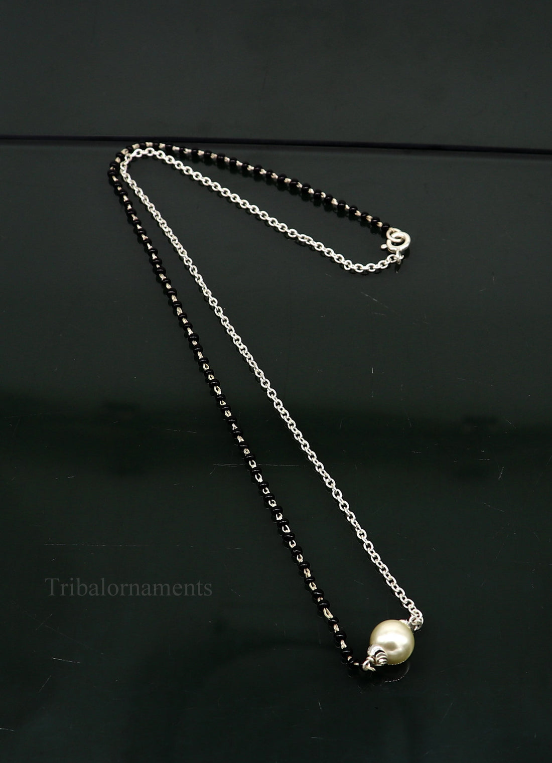 925 sterling silver black beads chain necklace, gorgeous small pearl pendant, traditional style chain beaded mangalsutra necklace set229 - TRIBAL ORNAMENTS