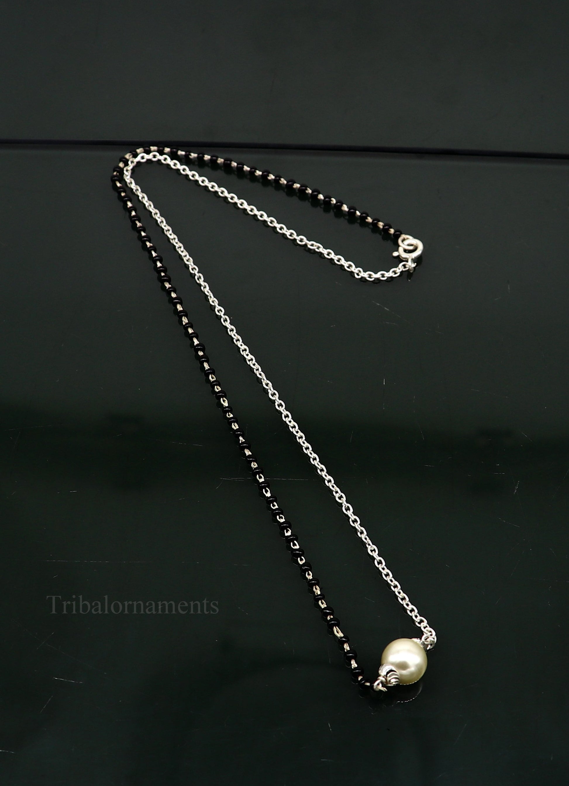 925 sterling silver black beads chain necklace, gorgeous small pearl pendant, traditional style chain beaded mangalsutra necklace set229 - TRIBAL ORNAMENTS