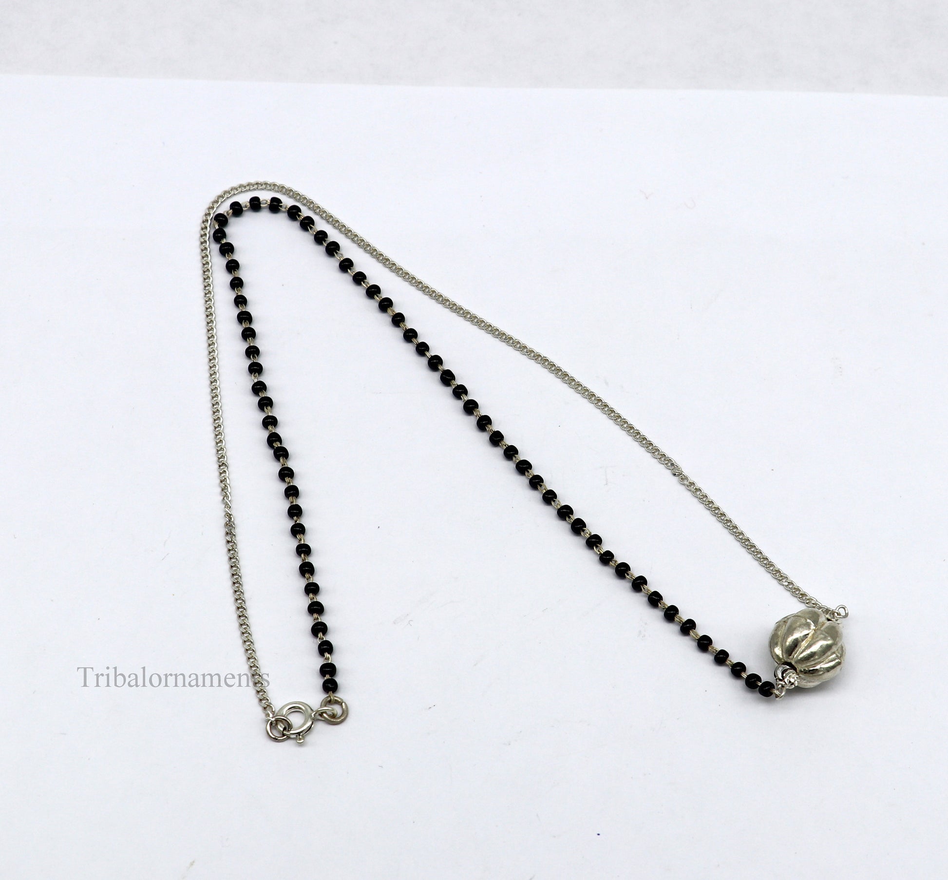 925 sterling silver black beads chain necklace, gorgeous small bead pendant, traditional style chain beaded mangalsutra necklace set231 - TRIBAL ORNAMENTS