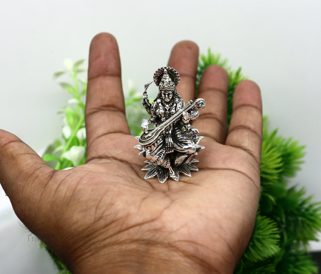 2" small 925 Sterling silver handmade customized Hindu idol Saraswati  sharda maa statue, puja article figurine, home décor Articles art121 - TRIBAL ORNAMENTS