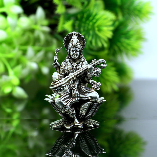 2" small 925 Sterling silver handmade customized Hindu idol Saraswati  sharda maa statue, puja article figurine, home décor Articles art121 - TRIBAL ORNAMENTS