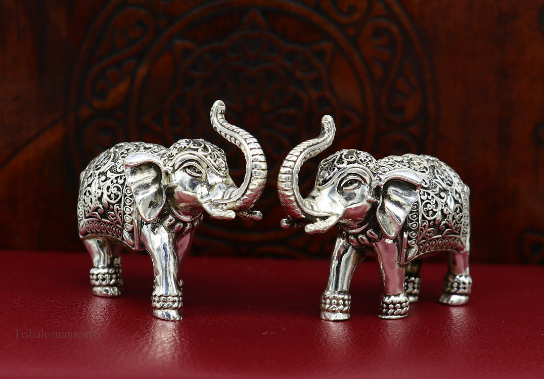 Pure 925 Sterling silver Kandrai work Nakshi design customized Elephant statue, puja article figurine, home décor puja articles art122 - TRIBAL ORNAMENTS