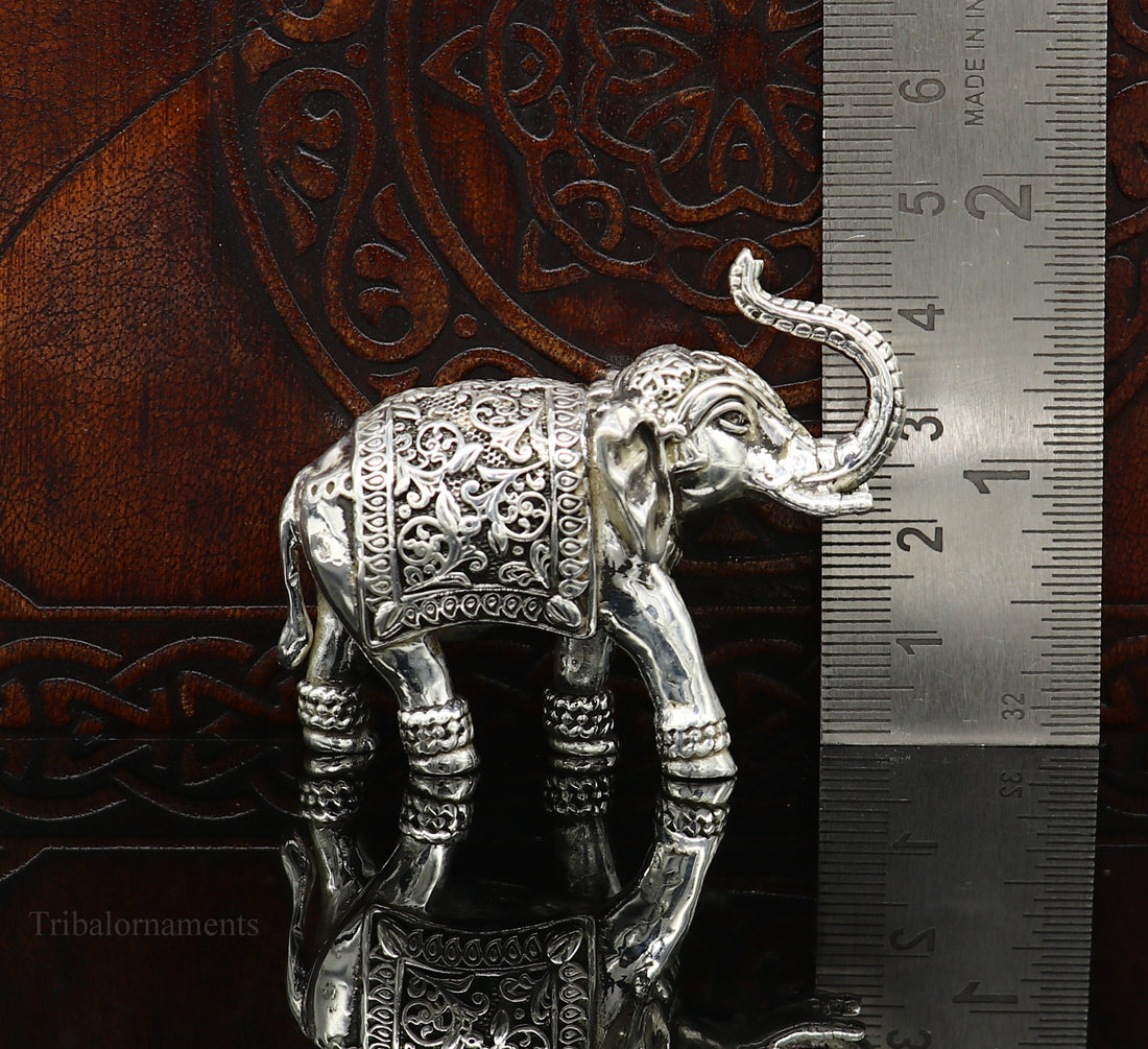 Pure 925 Sterling silver Kandrai work Nakshi design customized Elephant statue, puja article figurine, home décor puja articles art122 - TRIBAL ORNAMENTS