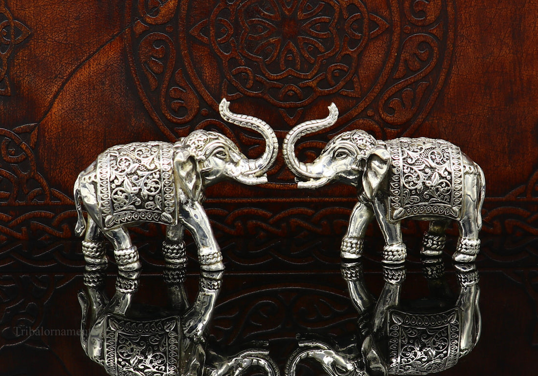 Pure 925 Sterling silver Kandrai work Nakshi design customized Elephant statue, puja article figurine, home décor puja articles art122 - TRIBAL ORNAMENTS