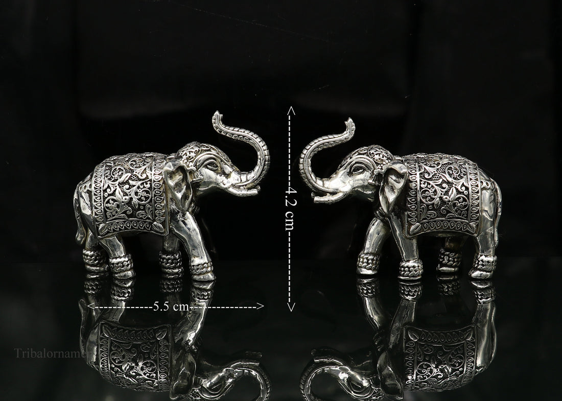 Pure 925 Sterling silver Kandrai work Nakshi design customized Elephant statue, puja article figurine, home décor puja articles art122 - TRIBAL ORNAMENTS