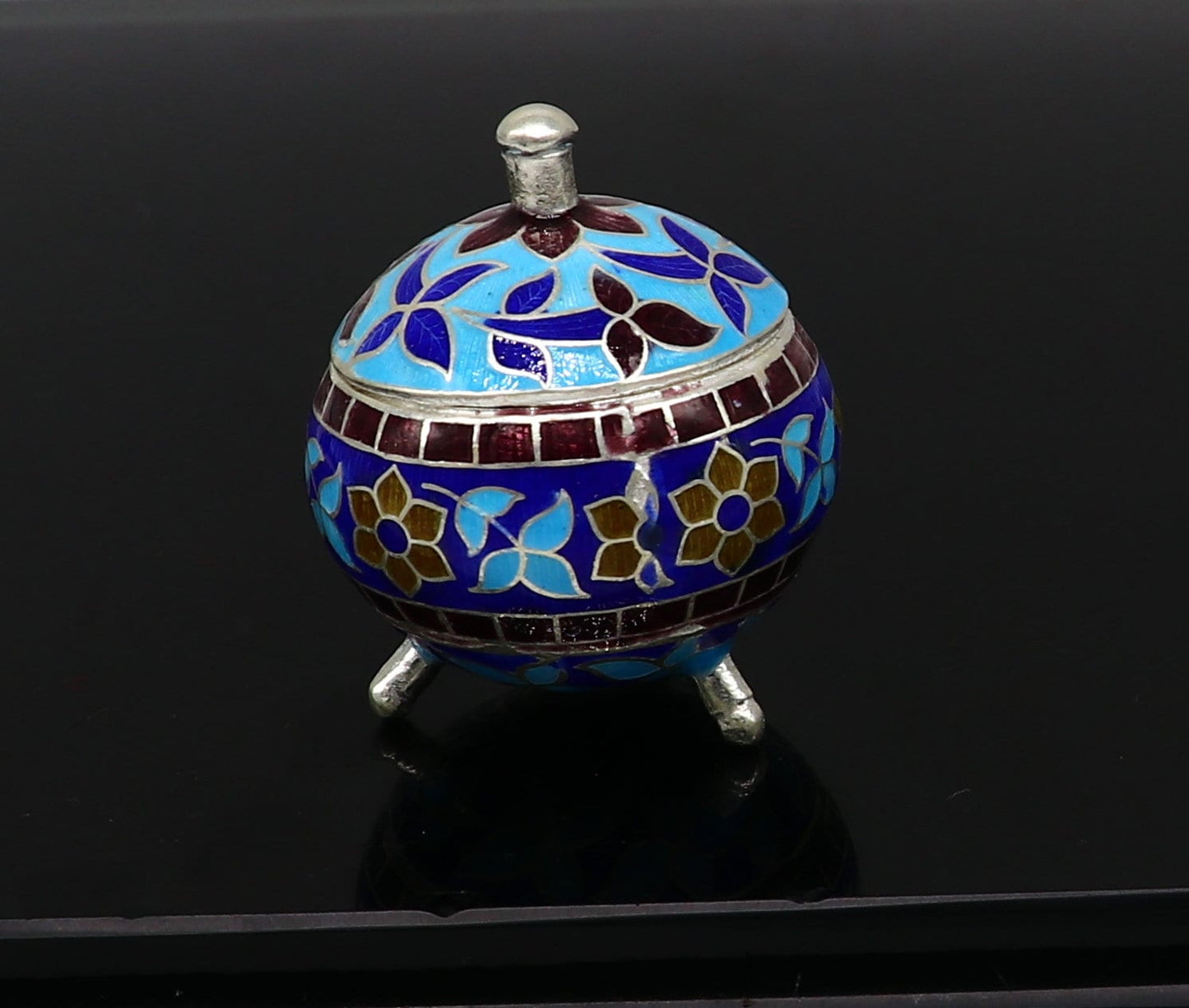 925 Sterling silver handmade fabulous trinket box, solid container box, casket box, sindoor box, enamel work customized gifting box stb145 - TRIBAL ORNAMENTS