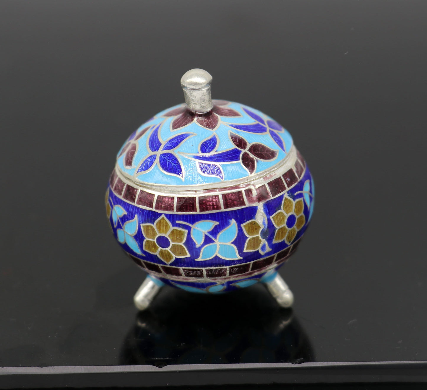 925 Sterling silver handmade fabulous trinket box, solid container box, casket box, sindoor box, enamel work customized gifting box stb145 - TRIBAL ORNAMENTS