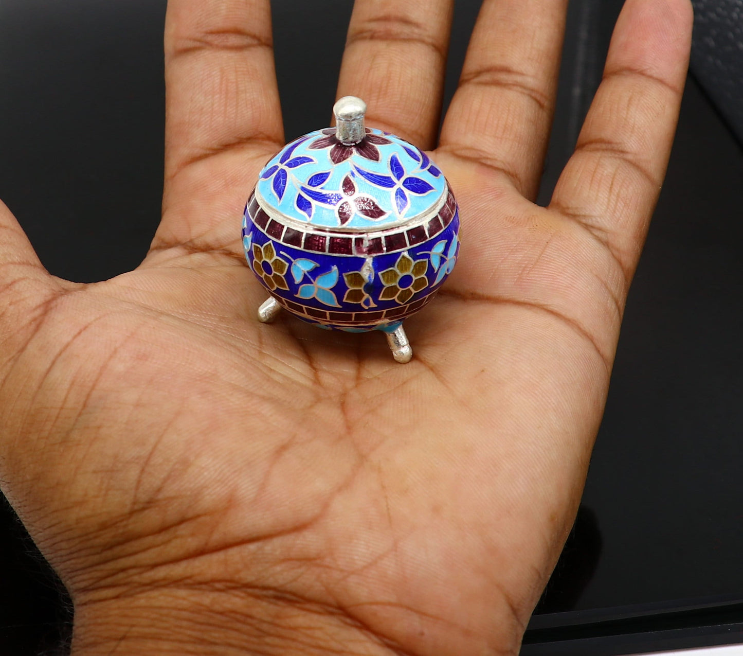 925 Sterling silver handmade fabulous trinket box, solid container box, casket box, sindoor box, enamel work customized gifting box stb145 - TRIBAL ORNAMENTS