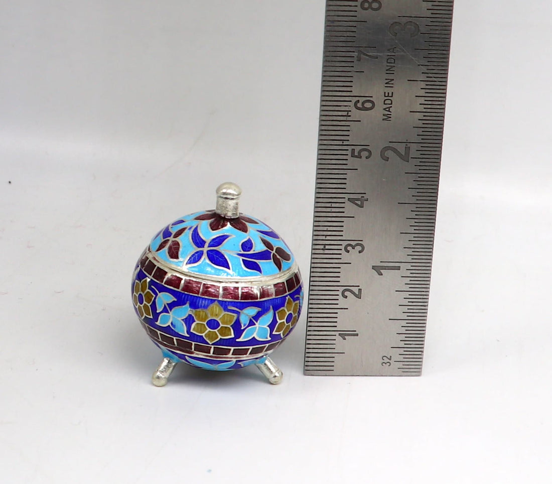 925 Sterling silver handmade fabulous trinket box, solid container box, casket box, sindoor box, enamel work customized gifting box stb145 - TRIBAL ORNAMENTS