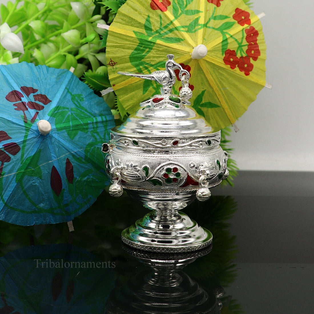 925 sterling silver handmade flower work enamel design vintage trinket box, brides accessories, kumkum sindur box, idols prasad box stb156 - TRIBAL ORNAMENTS