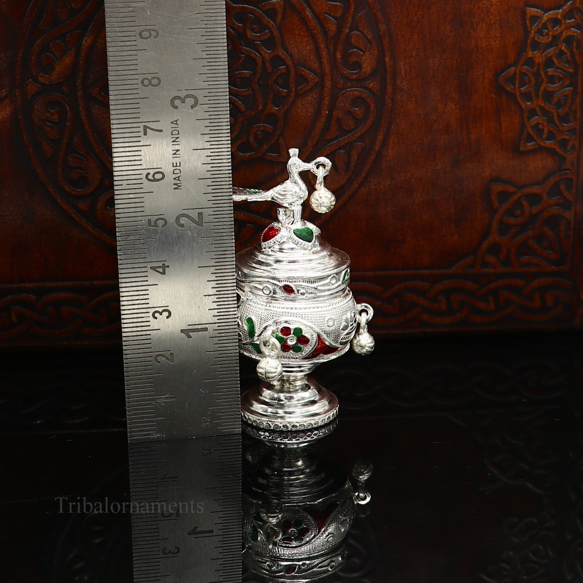 925 sterling silver handmade enamel design vintage trinket box Krishna Prasadam serving box , brides accessories, kumkum sindur box stb159 - TRIBAL ORNAMENTS