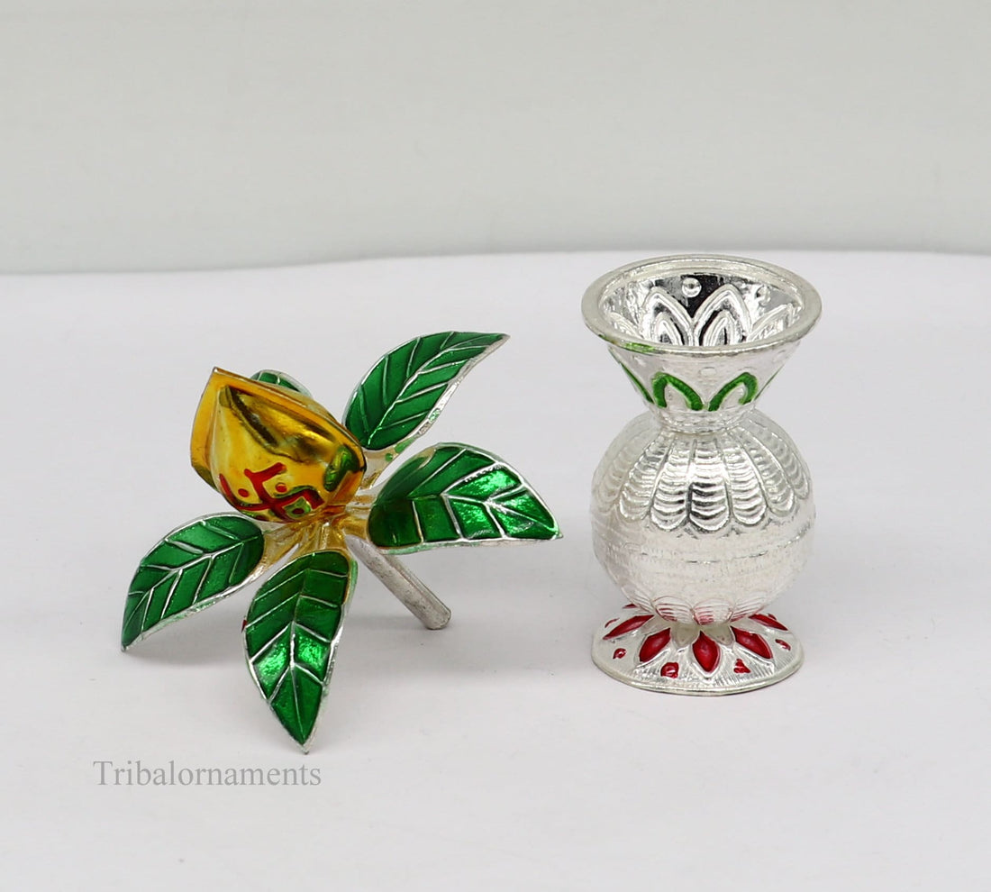 Solid sterling silver handmade vintage design puja kalash with silver coconuts and leaf, excellent home temple article worshipping su360 - TRIBAL ORNAMENTS