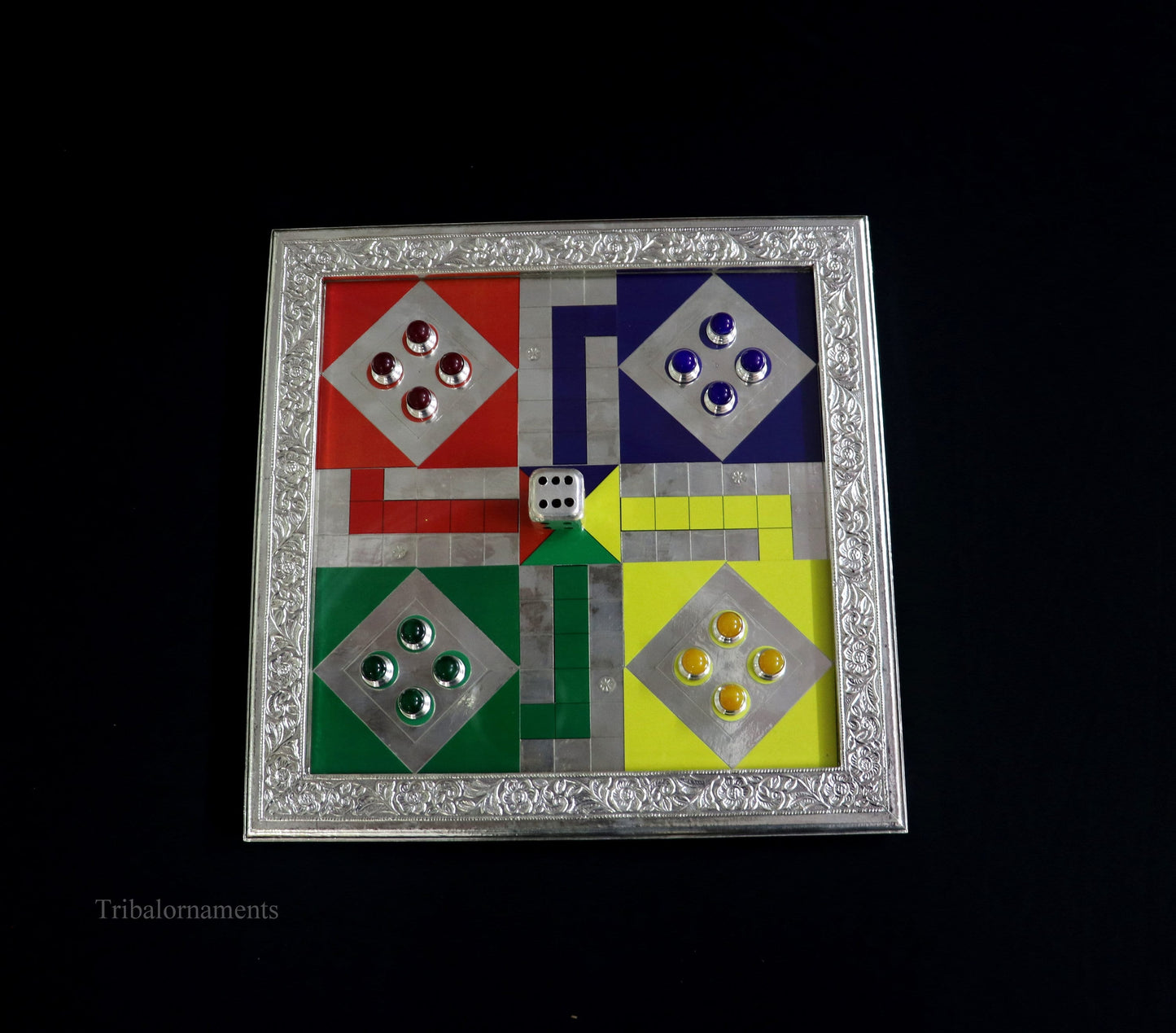 925 sterling silver work LUDO Game, Amazing customized handcrafted design on wooden base, fabulous Royal silver article from india fr05 - TRIBAL ORNAMENTS