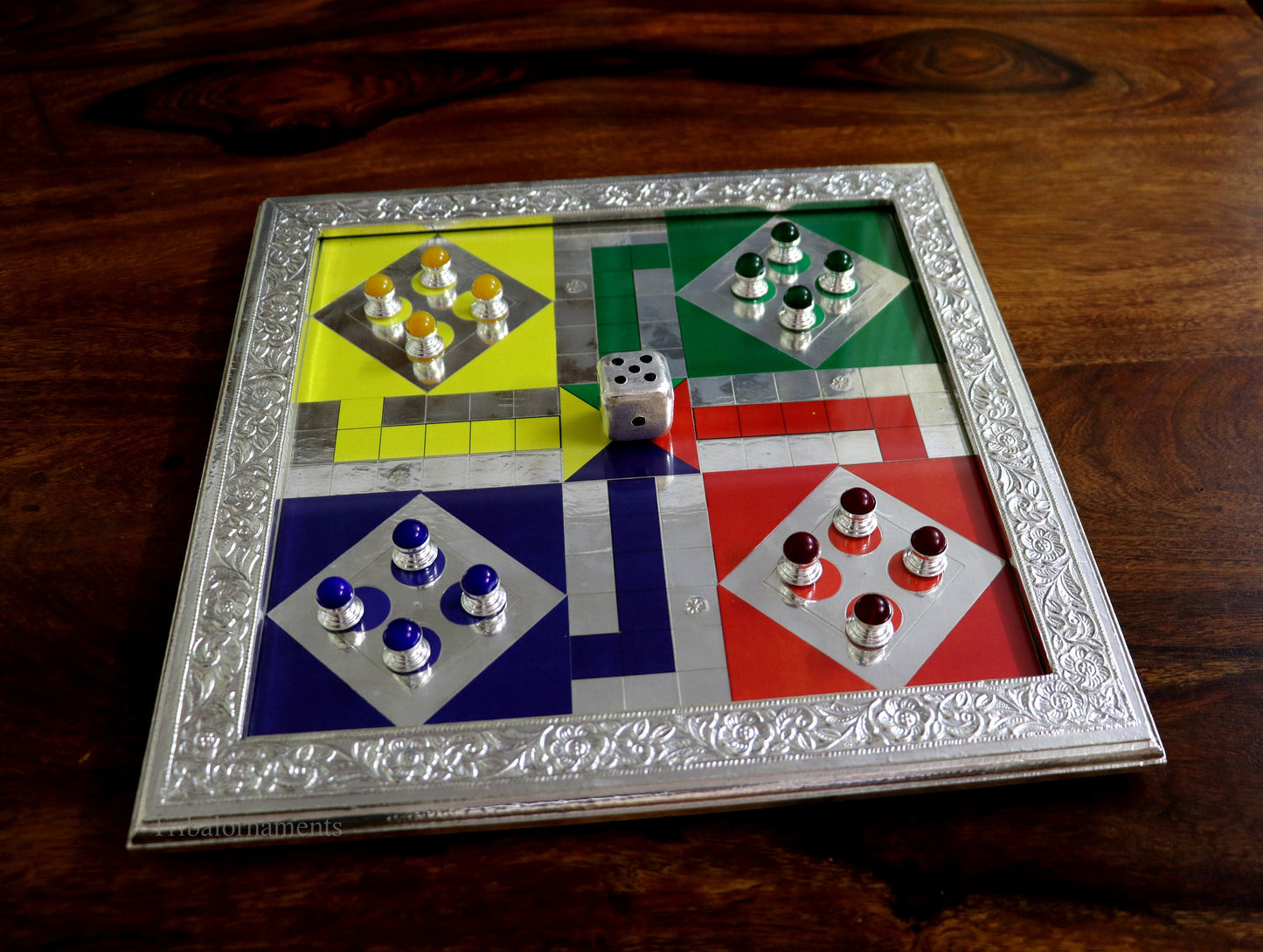 925 sterling silver work LUDO Game, Amazing customized handcrafted design on wooden base, fabulous Royal silver article from india fr05 - TRIBAL ORNAMENTS