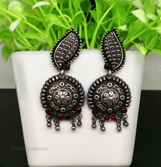 Vintage indian traditional style drop dangle stud earring, Pure 925 sterling silver floral earring best brides gifting wedding jewelry s940 - TRIBAL ORNAMENTS