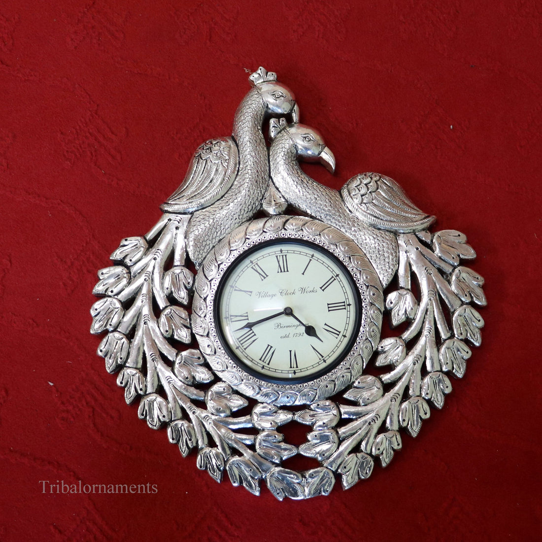 Vintage antique design handmade 999 pure silver peacock design big Size wall clock, wooden base pure silver watch Royal Jewel sf06 - TRIBAL ORNAMENTS