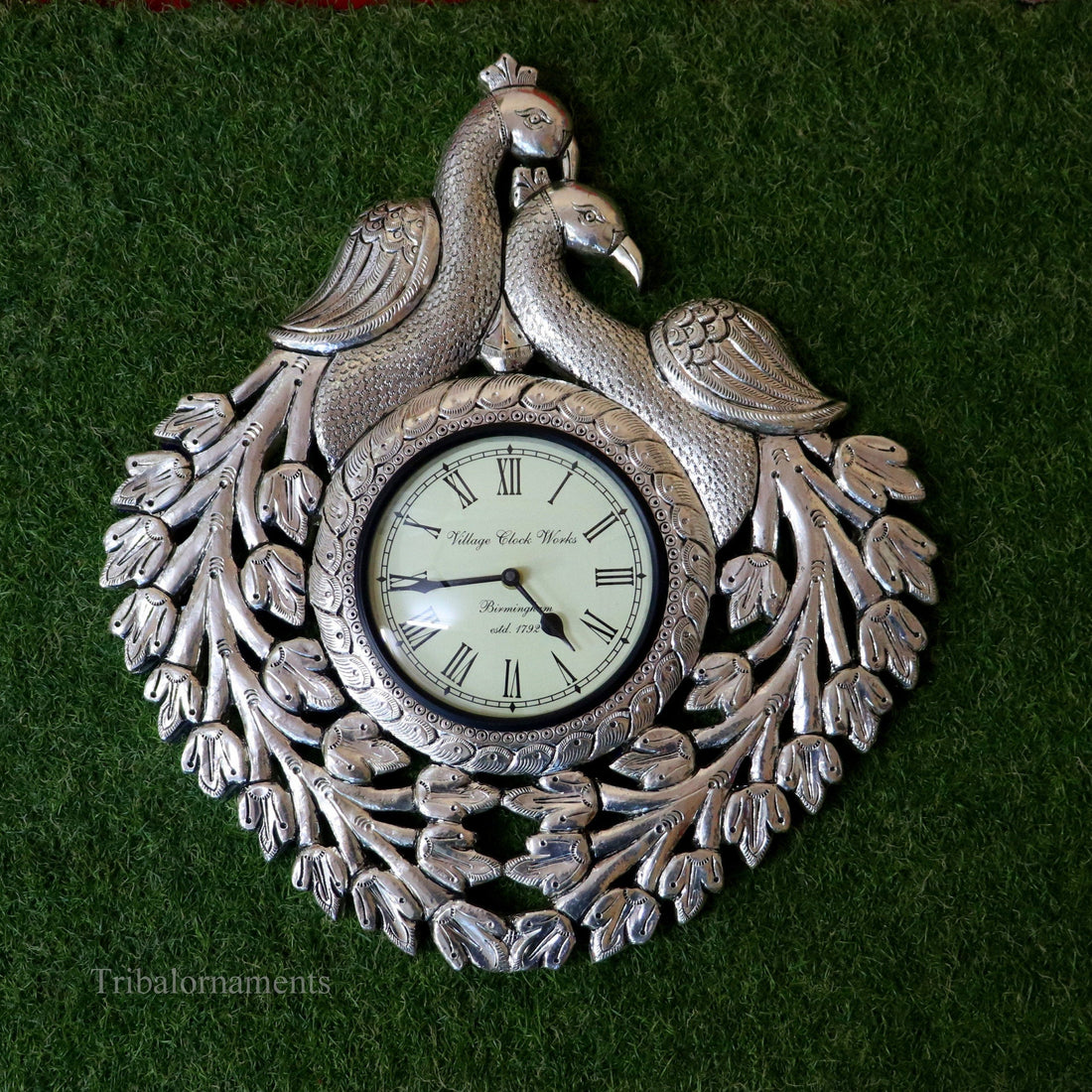 Vintage antique design handmade 999 pure silver peacock design big Size wall clock, wooden base pure silver watch Royal Jewel sf06 - TRIBAL ORNAMENTS