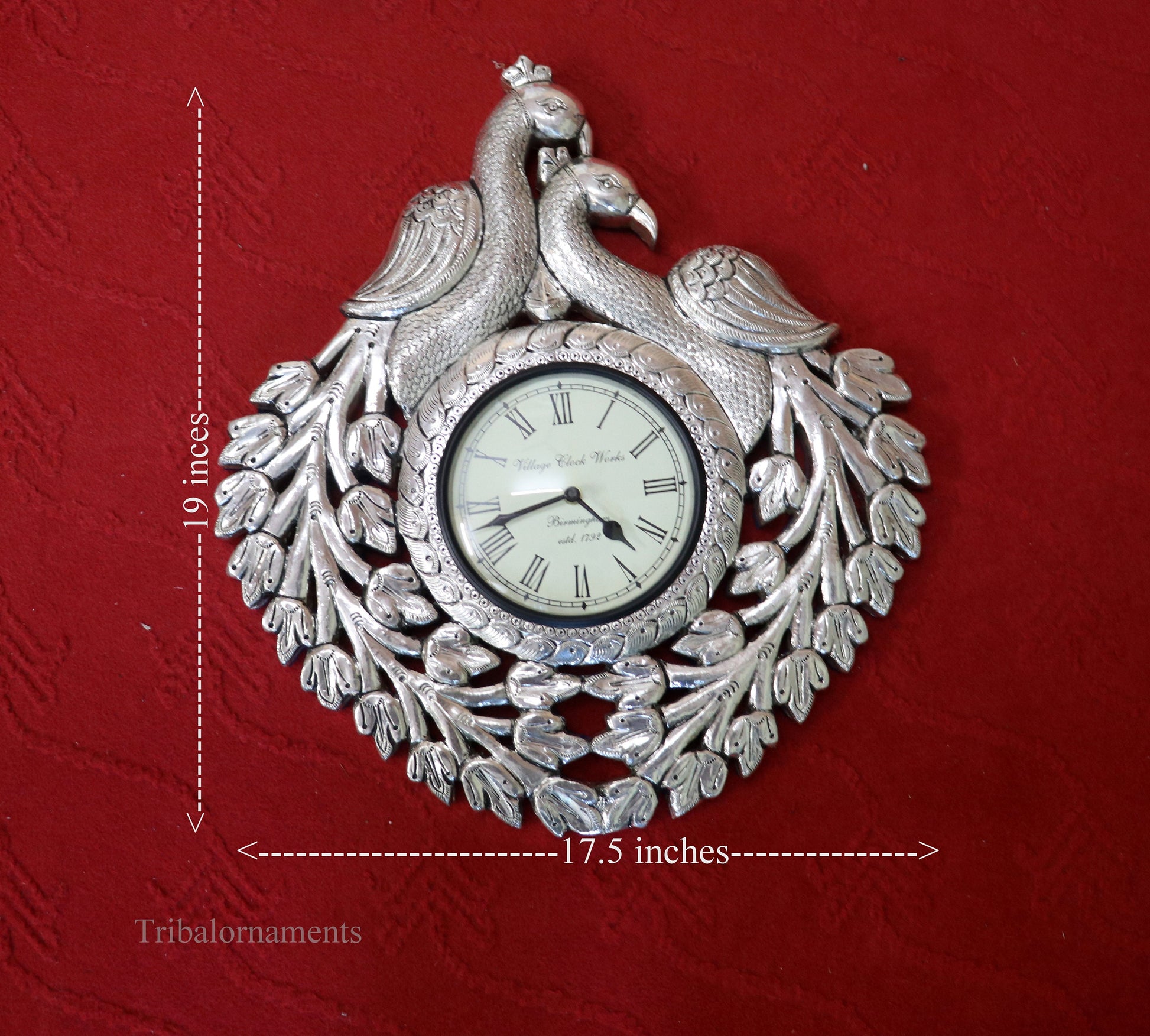 Vintage antique design handmade 999 pure silver peacock design big Size wall clock, wooden base pure silver watch Royal Jewel sf06 - TRIBAL ORNAMENTS