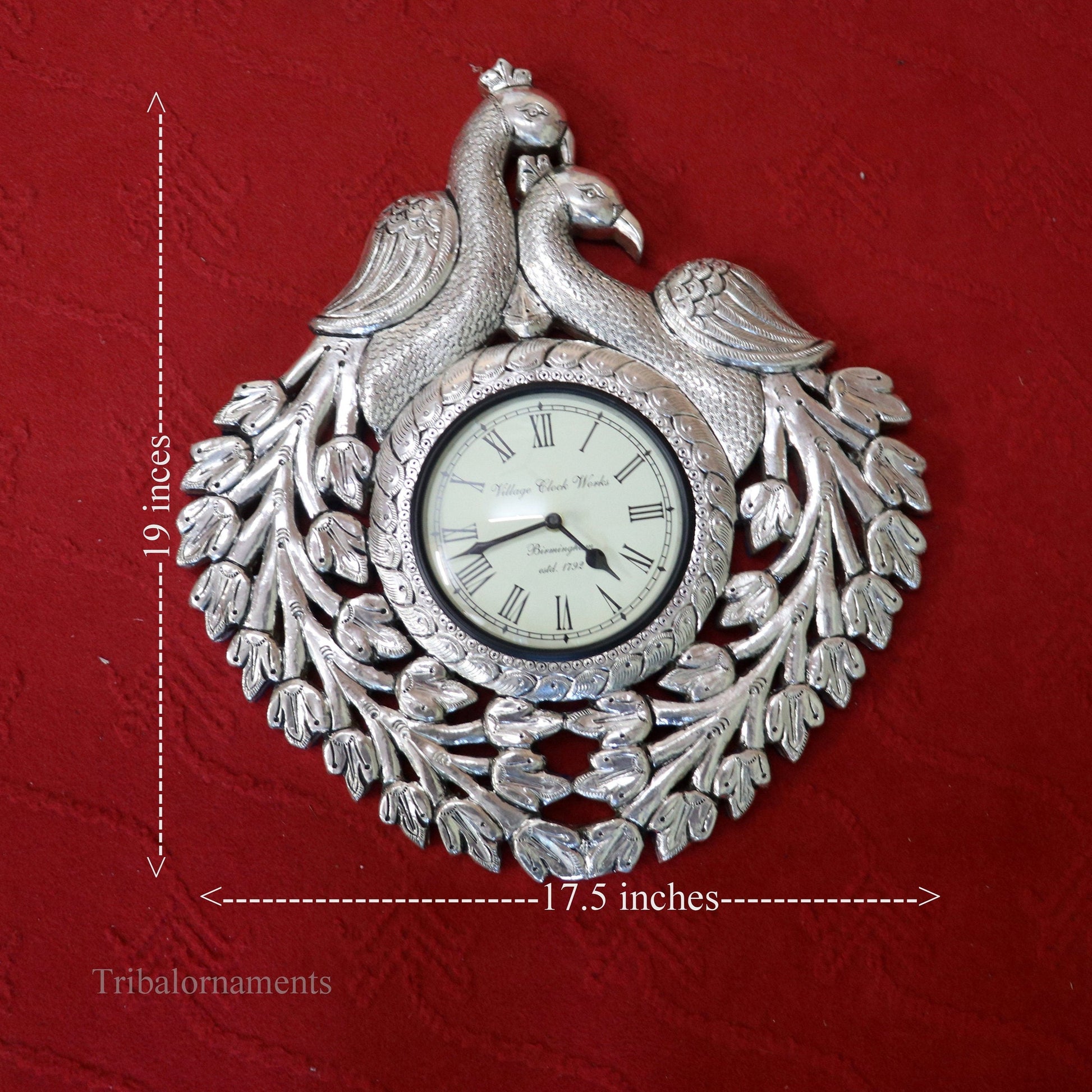 Vintage antique design handmade 999 pure silver peacock design big Size wall clock, wooden base pure silver watch Royal Jewel sf06 - TRIBAL ORNAMENTS