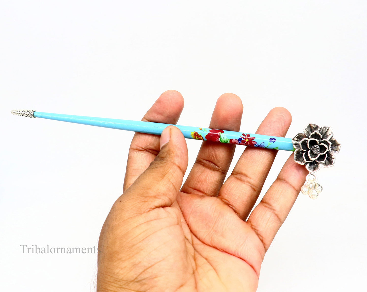 925 sterling silver customized rose flower design hair pin with wooden painted  stick amazing hair jewelry brides gifting  hc11 - TRIBAL ORNAMENTS