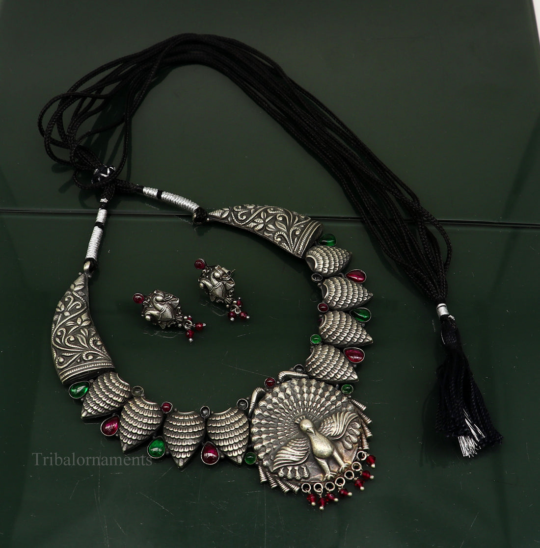 925 sterling silver handmade fabulous dancing peacock trendy adjustable belly dance necklace, best brides Guttapusalu necklace  set248 - TRIBAL ORNAMENTS