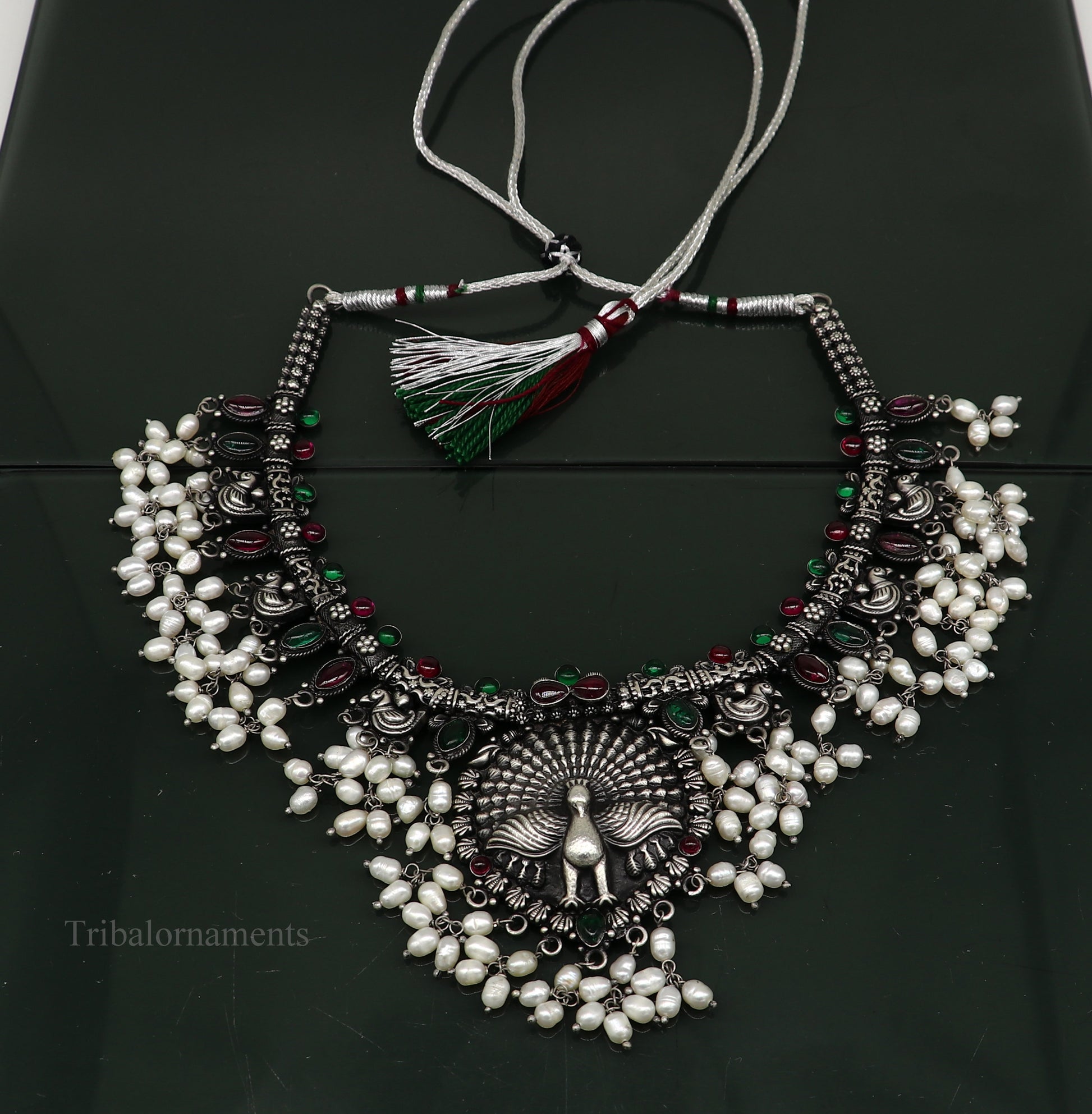 925 sterling silver handmade fabulous peacock hanging pearls trendy wedding belly dance necklace, best brides Guttapusalu necklace set249 - TRIBAL ORNAMENTS