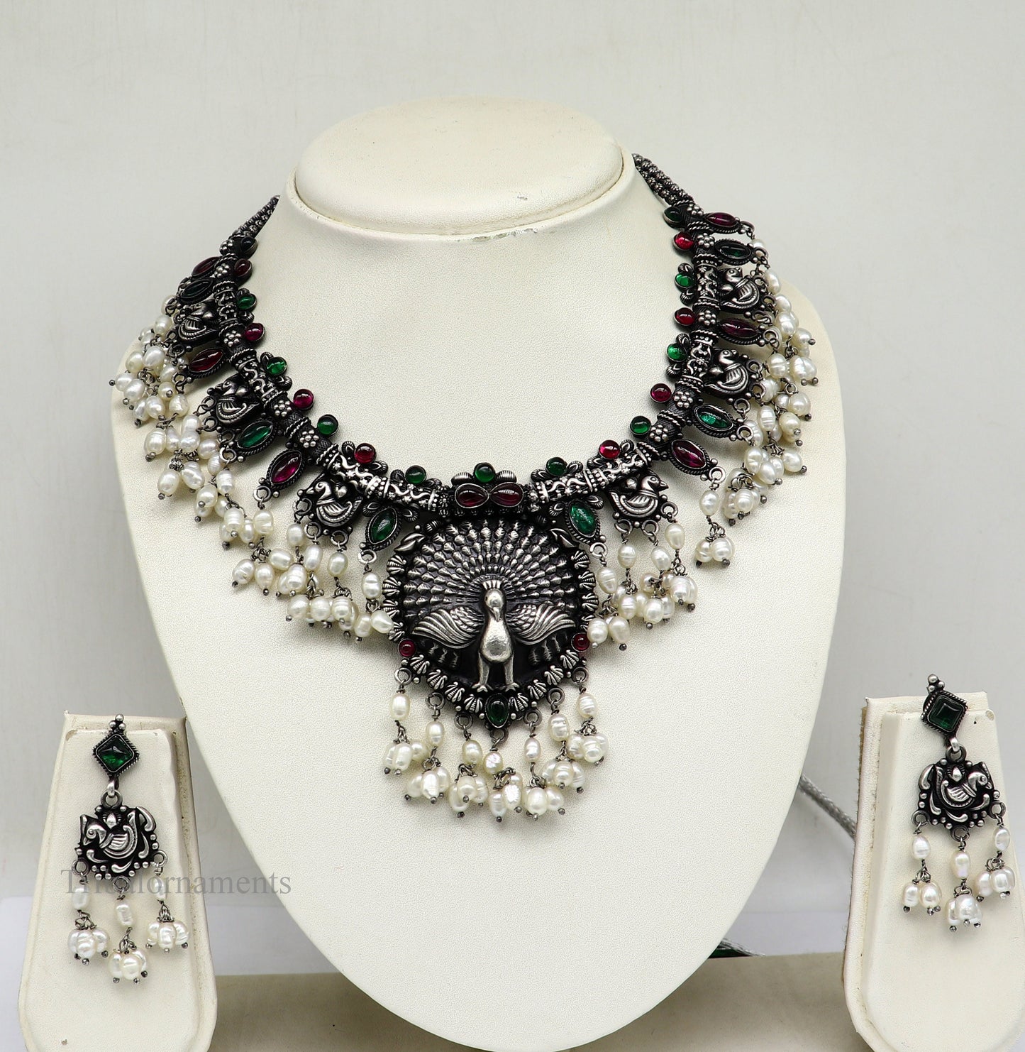 925 sterling silver handmade fabulous peacock hanging pearls trendy wedding belly dance necklace, best brides Guttapusalu necklace set249 - TRIBAL ORNAMENTS