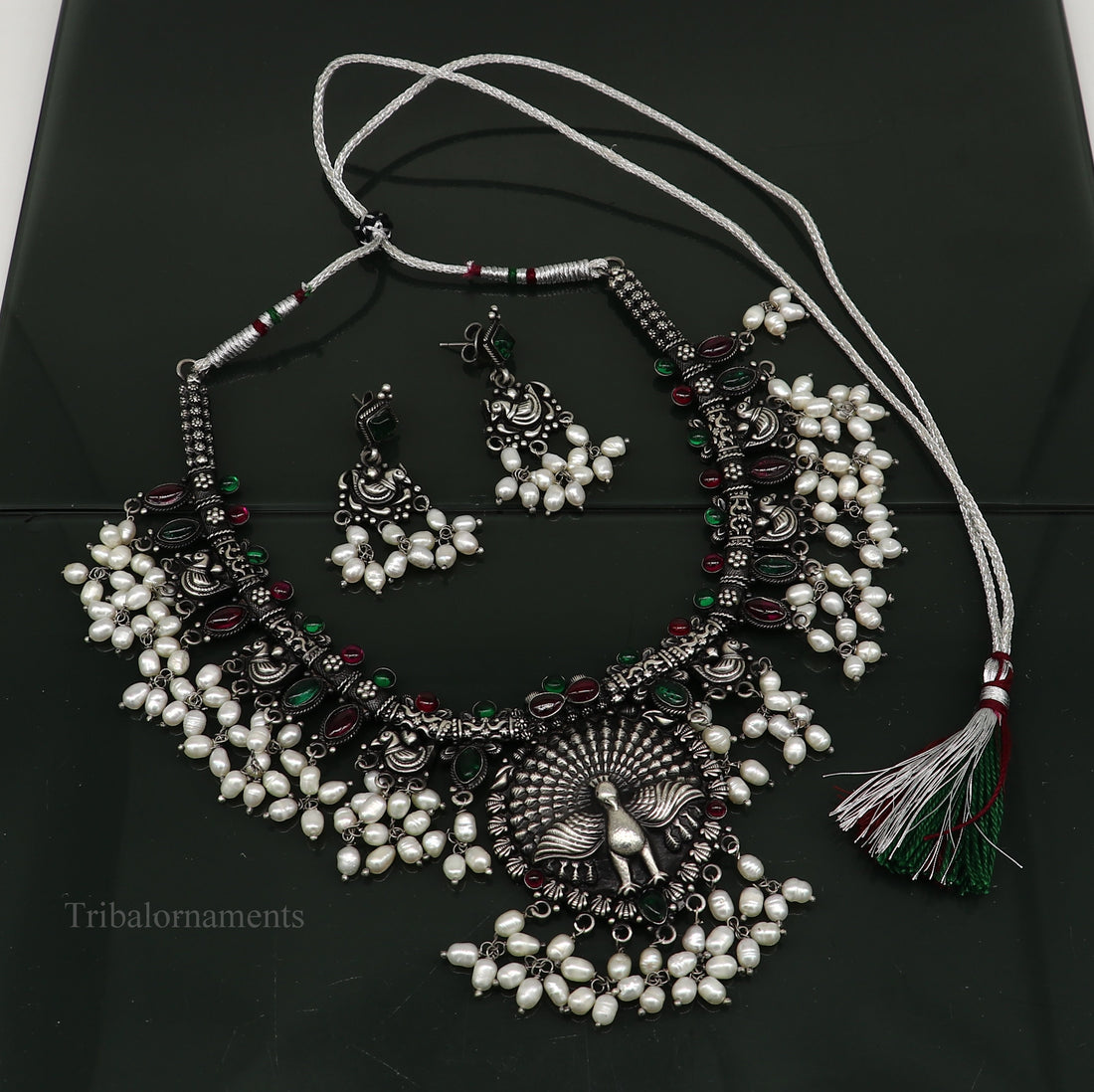 925 sterling silver handmade fabulous peacock hanging pearls trendy wedding belly dance necklace, best brides Guttapusalu necklace set249 - TRIBAL ORNAMENTS