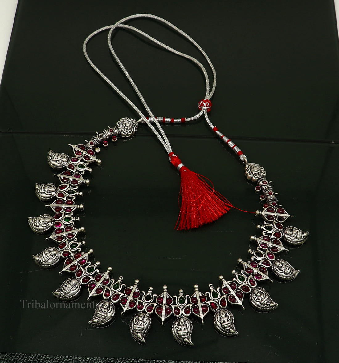 925 sterling silver handmade Goddess Laxmi stylish cut stone work necklace, wedding brides charm wedding Guttapusalu necklace jewelry set257 - TRIBAL ORNAMENTS