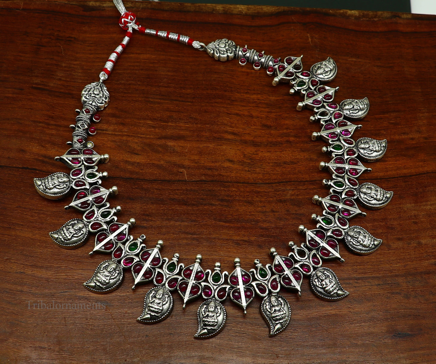 925 sterling silver handmade Goddess Laxmi stylish cut stone work necklace, wedding brides charm wedding Guttapusalu necklace jewelry set257 - TRIBAL ORNAMENTS