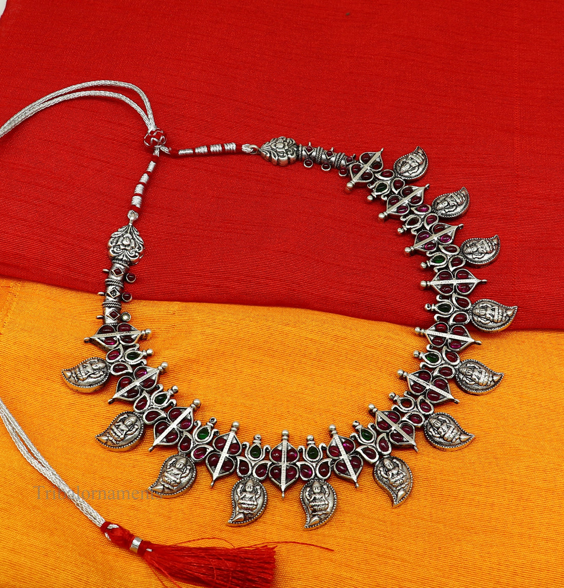 925 sterling silver handmade Goddess Laxmi stylish cut stone work necklace, wedding brides charm wedding Guttapusalu necklace jewelry set257 - TRIBAL ORNAMENTS