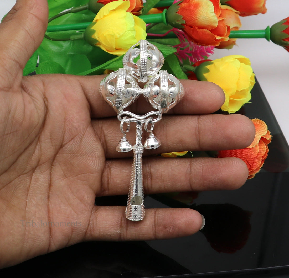 Solid sterling silver handmade design new born baby gifting bells toy, baby krishna gifting toy, silver whistle, silver temple article su408 - TRIBAL ORNAMENTS