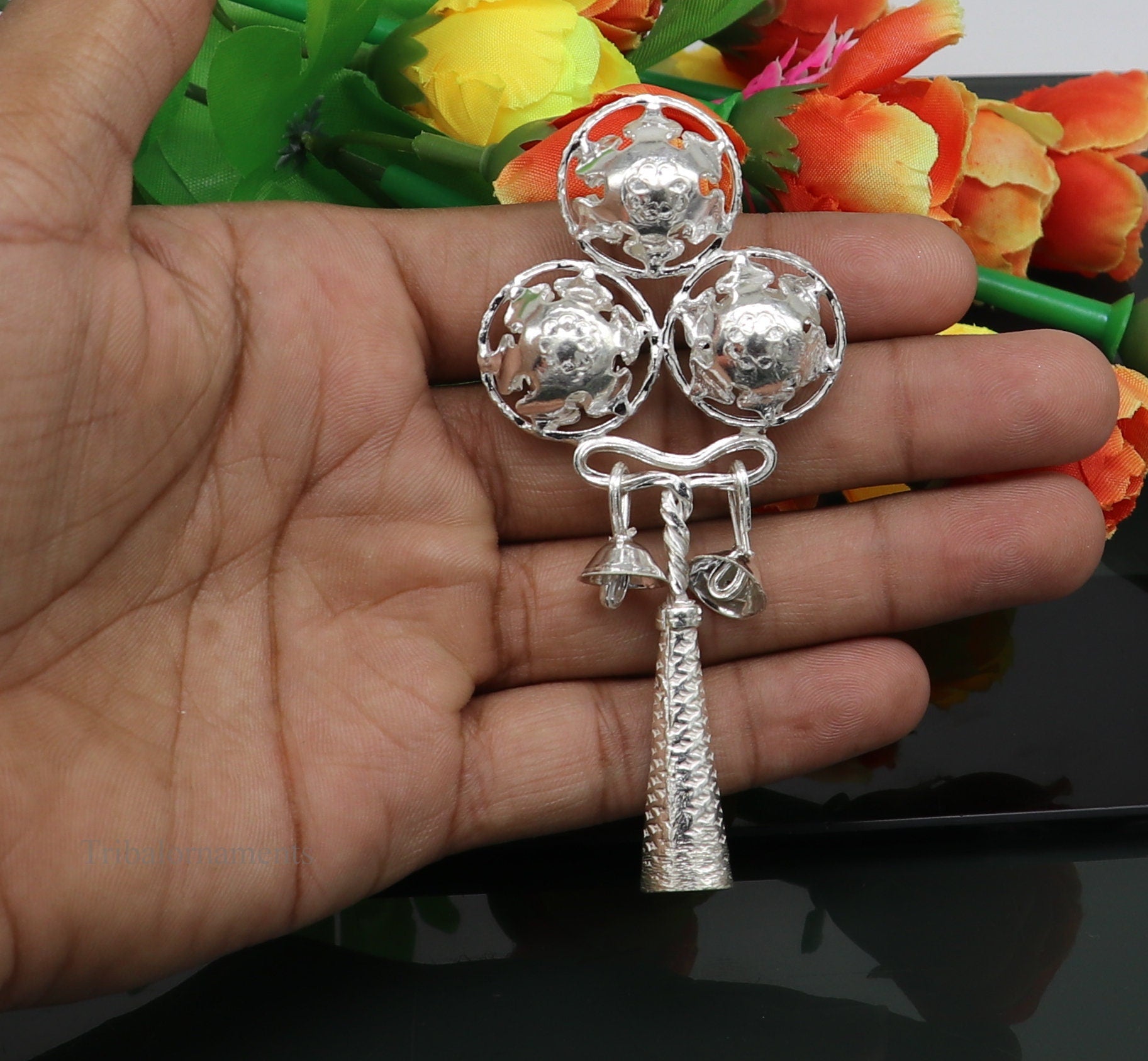 Solid sterling silver handmade design new born baby gifting bells toy, baby krishna gifting toy, silver whistle, silver temple article su410 - TRIBAL ORNAMENTS