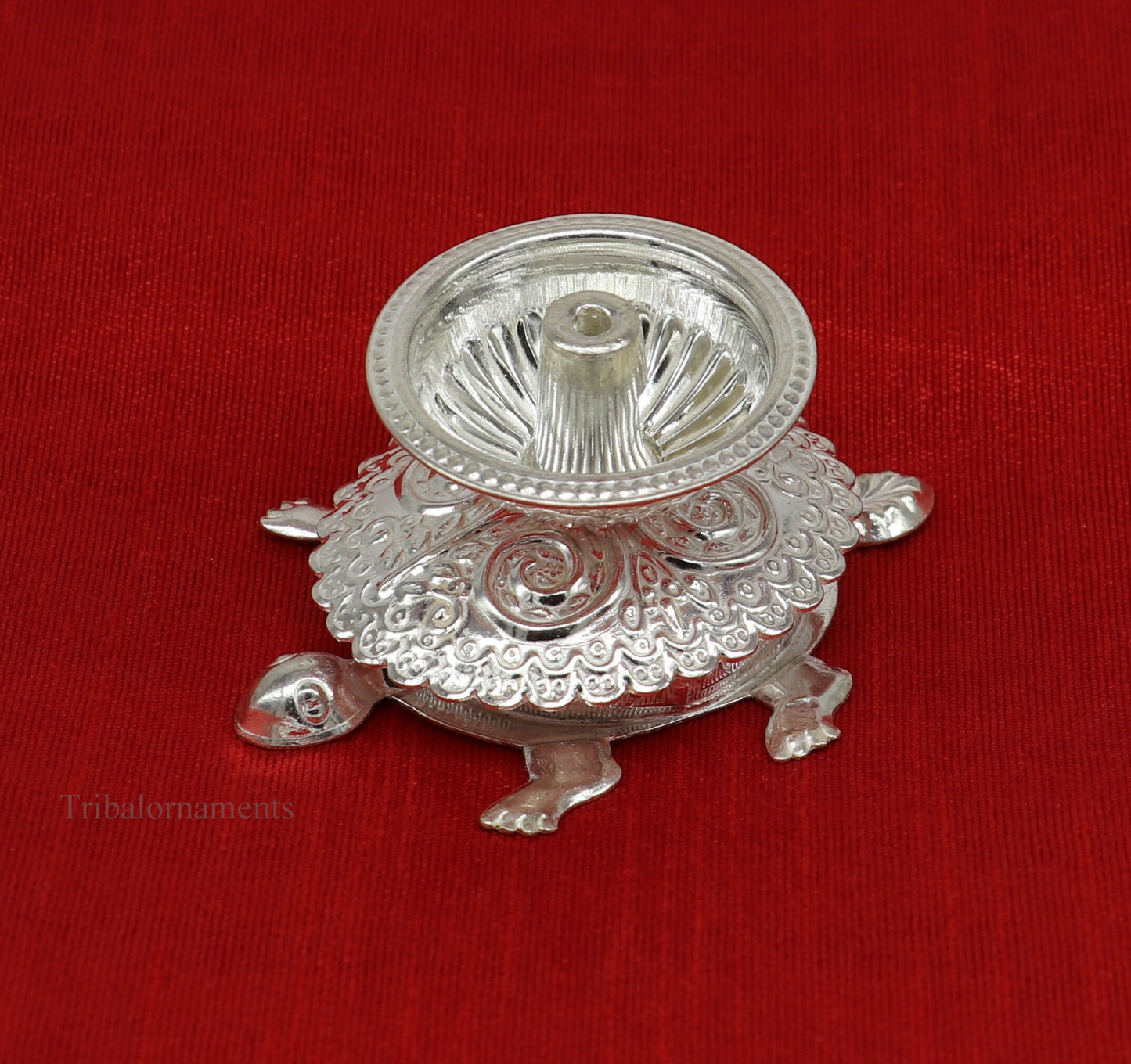 Diwali puja special solid silver handmade tortoise design oil lamp, silver deepak diya, silver temple utensils ,silver puja articles su415 - TRIBAL ORNAMENTS