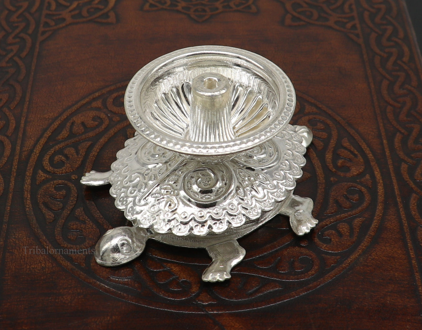 Diwali puja special solid silver handmade tortoise design oil lamp, silver deepak diya, silver temple utensils ,silver puja articles su415 - TRIBAL ORNAMENTS